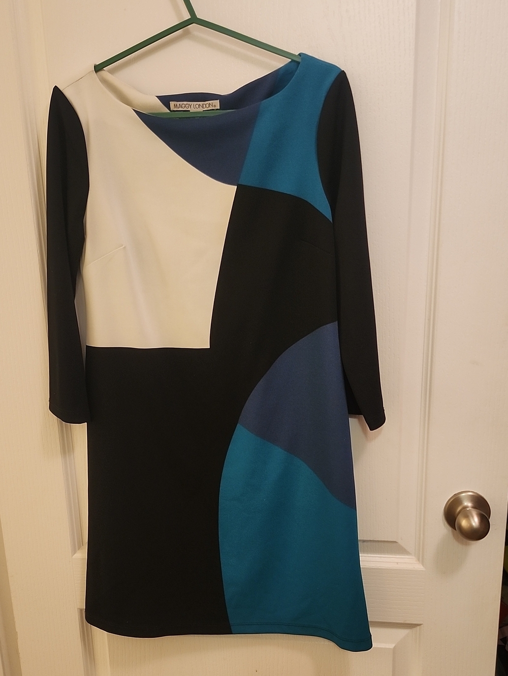 Maggy London Colorblock Midi Dress in Black, Teal & Ivory